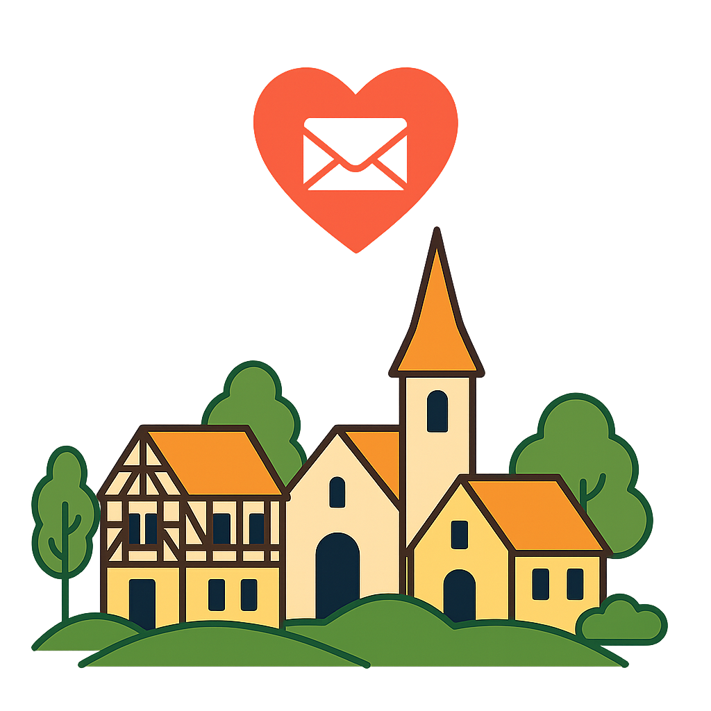 Visuel d'un village alsacien avec un coeur dans une enveloppe