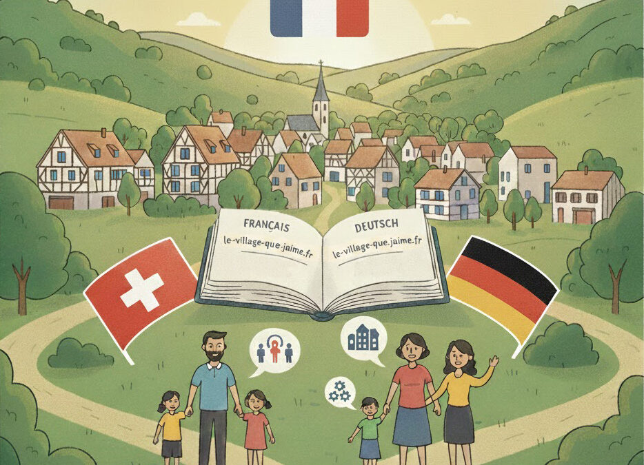 Illustration du village de Muespach entouré de collines, avec une famille au premier plan et un grand livre ouvert présentant le site le-village-que-jaime.fr en français et en allemand. À gauche, un drapeau suisse, à droite un drapeau allemand, symbolisant la réalité frontalière du village. En bas, la mention “Ensemble pour demain.”