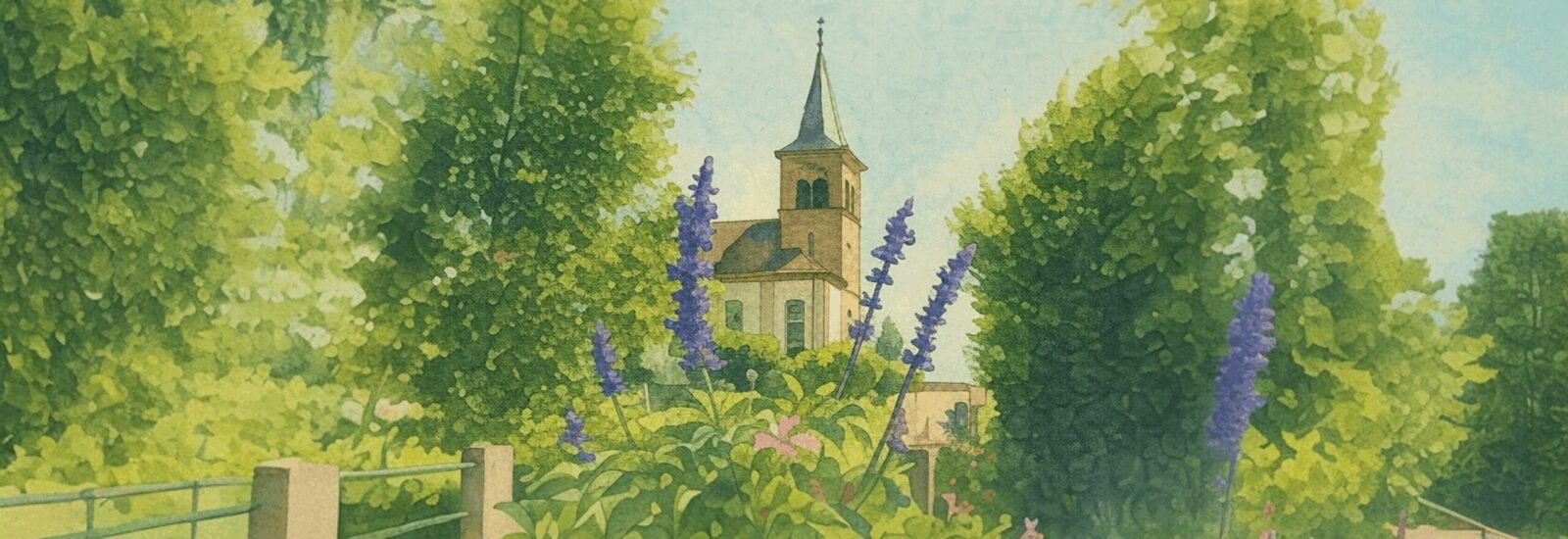 Eglise de Muespach, stylisée façon carte postale