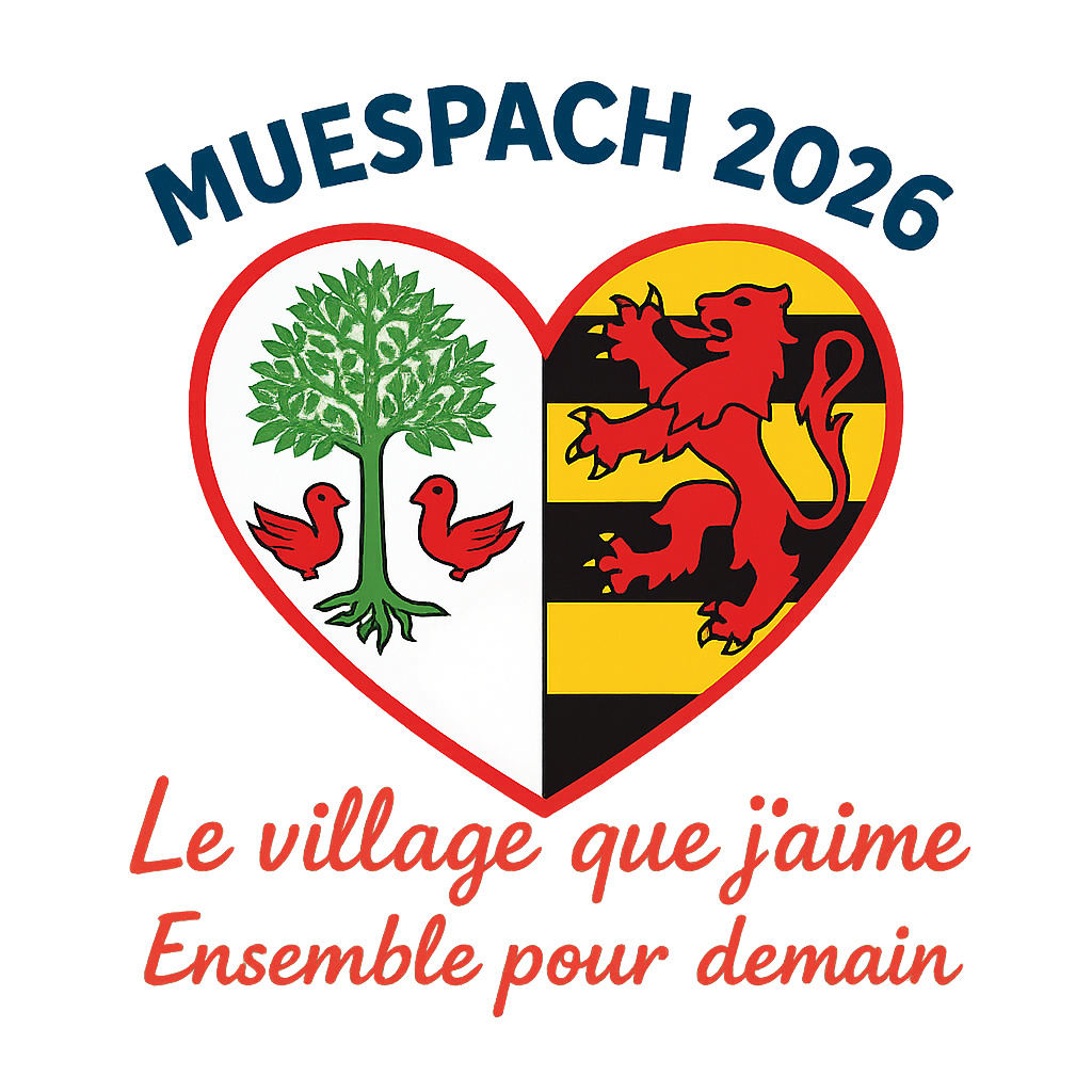 Logo avec le blason de Muespach en forme de coeur et les mentions Muespach 2026, Le village que j'aime. Ensemble pour demain