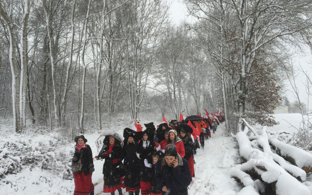 Un groupe d'alsaciennes et d'alsacien marchent dans la neige